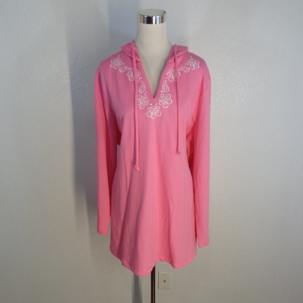 Woman Within Womens Sweatshirt Hoodie Pink Floral Embroidered Plus Size 2X Tunic